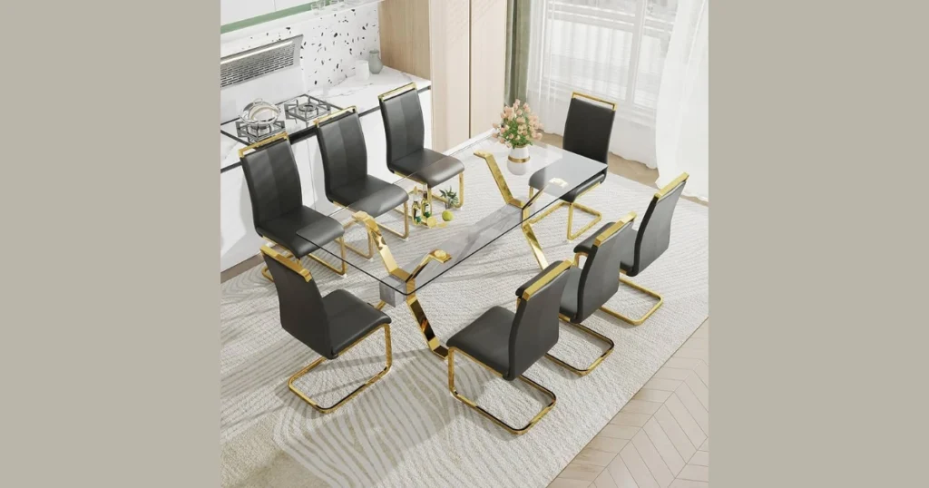 Modern Glass Dining Table with 8 Upholstered Chairs