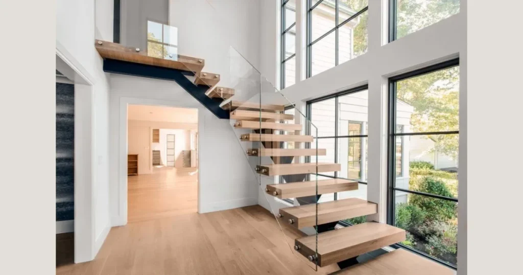 Floating Stair Railing with Glass or Metal Support