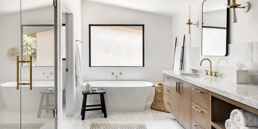 White Farmhouse Bathroom With Warm Touches