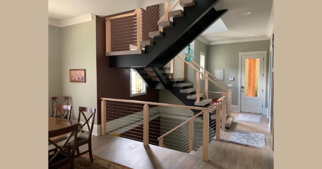 Rustic Metal Cable Stair Railing with Wood Frame