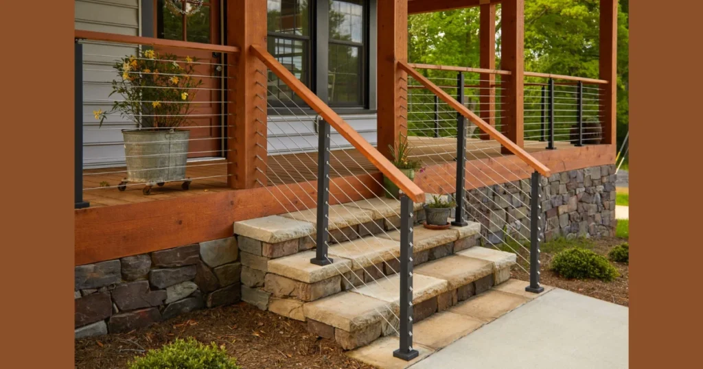 Farmhouse Cable Stair Railing with Wooden Posts
