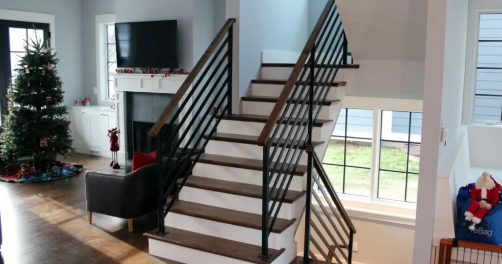 Horizontal Black Metal Railing with Wood Top Rail