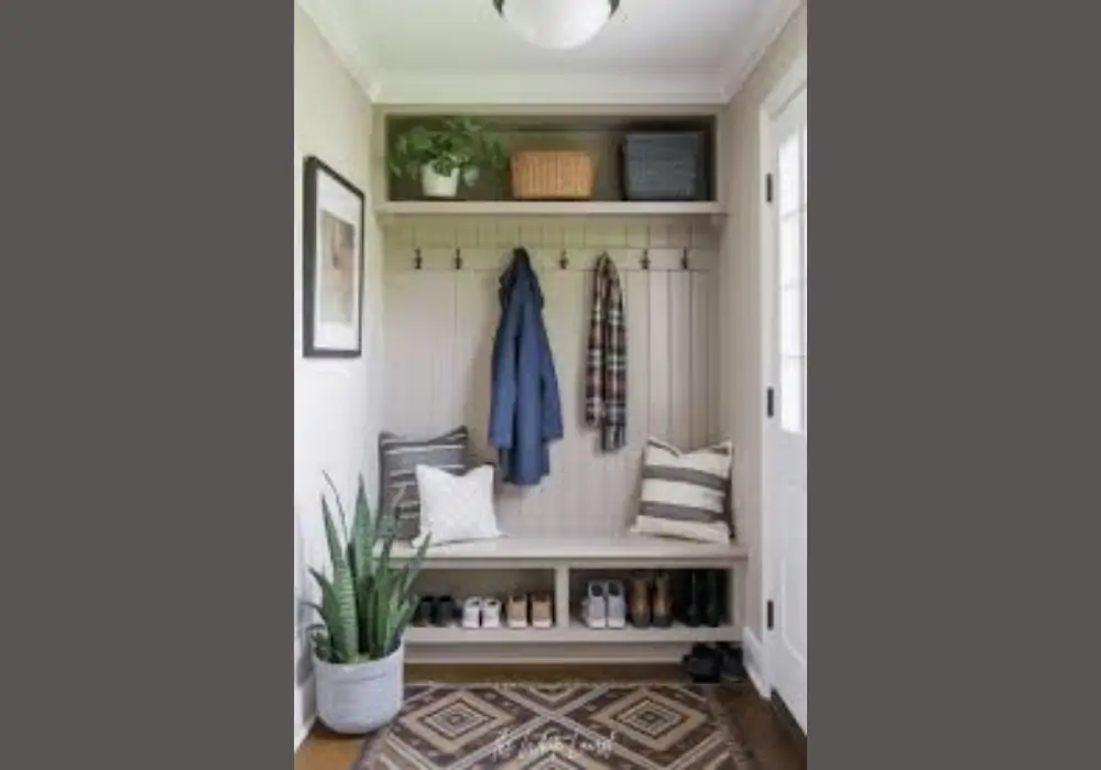Shoe Storage Bench with Overhead Hooks