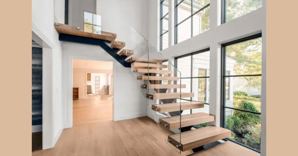 Floating Stair Railing with Glass Panels