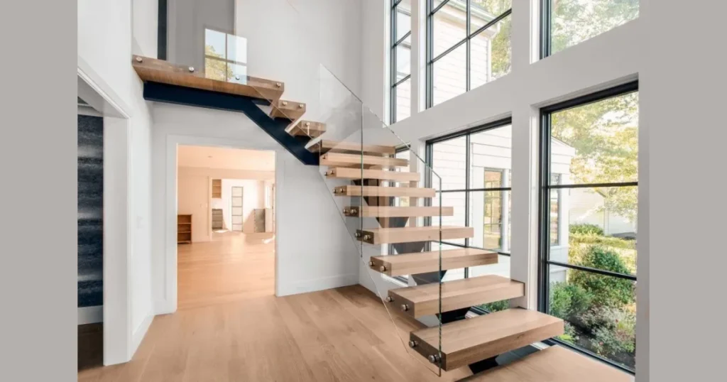 Floating Stair Railing with Glass Panels
