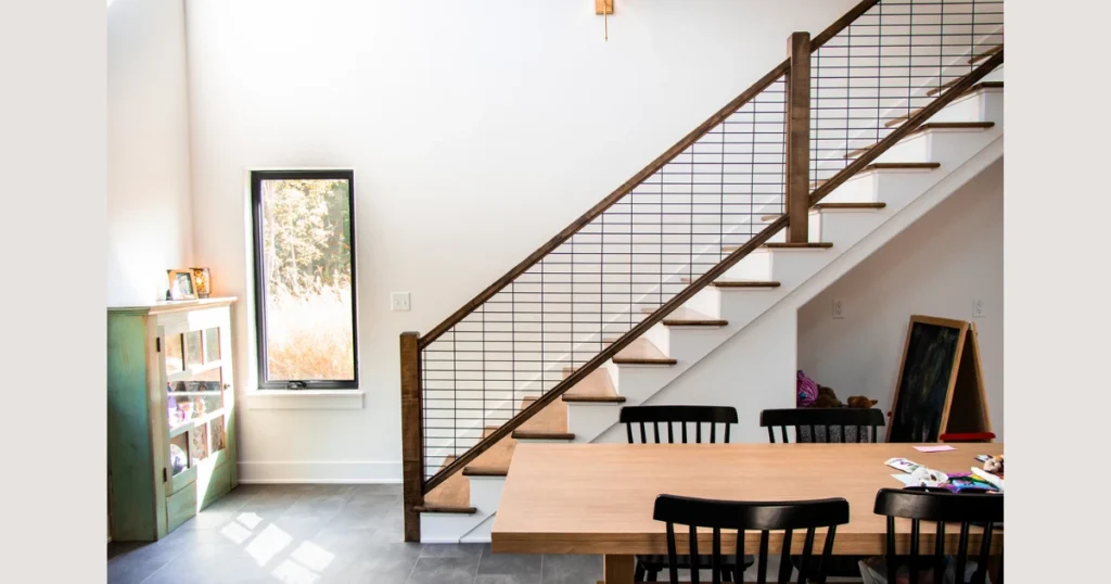 Farmhouse Stair Railing with Metal Grid Panels