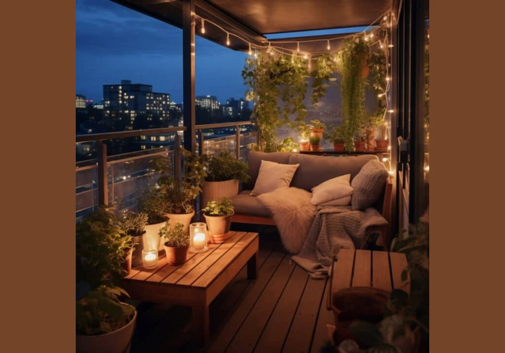 Balcony Garden with Fairy Lights for Evening Ambience