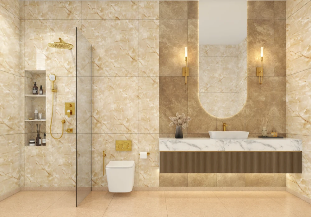 Beige Bathroom Tiles with Gold Fixtures for a Luxury Look