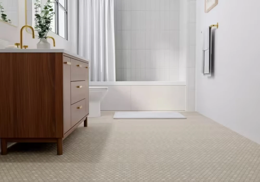 Beige Penny Tiles for a Textured Bathroom Floor