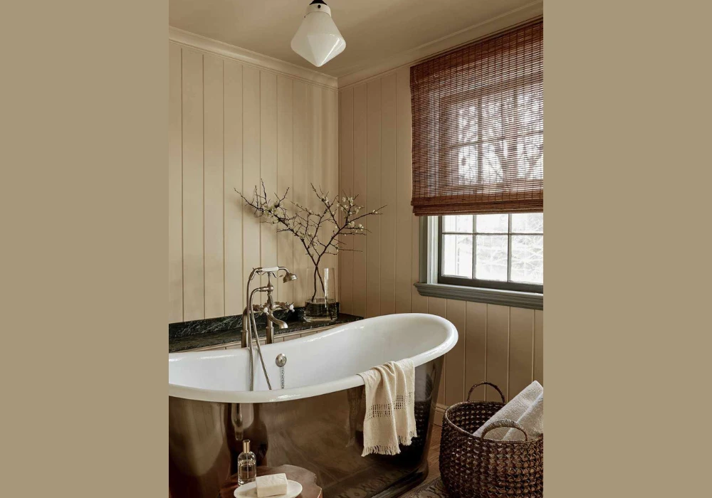 Beige Shiplap Walls for a Farmhouse Bathroom
