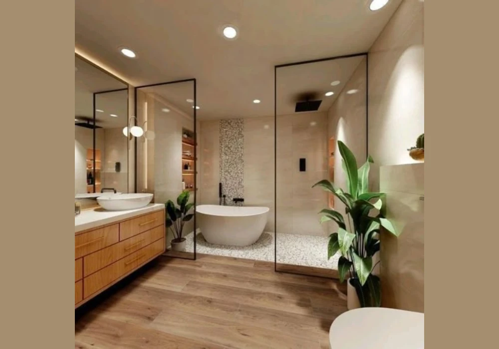 Beige and Warm Wood Tones for a Cozy Bathroom Feel