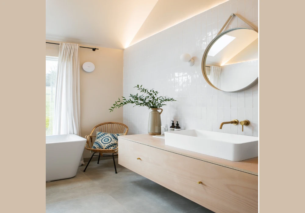 Beige and White Bathroom with Warm Wood Accents