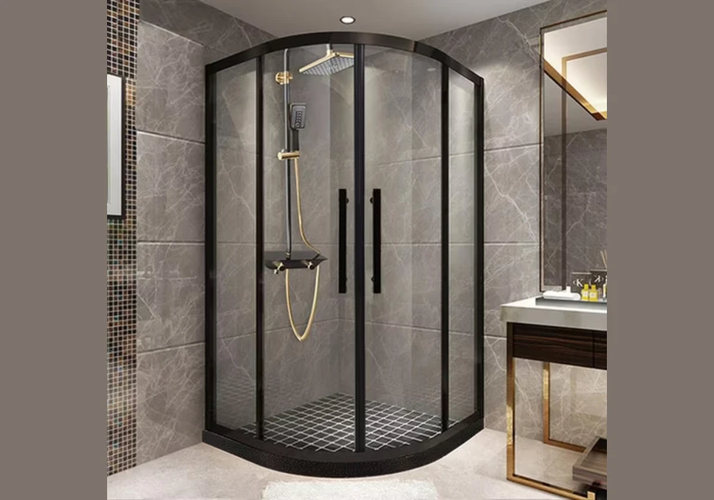 Black Bathroom with Glass Shower Enclosure Design