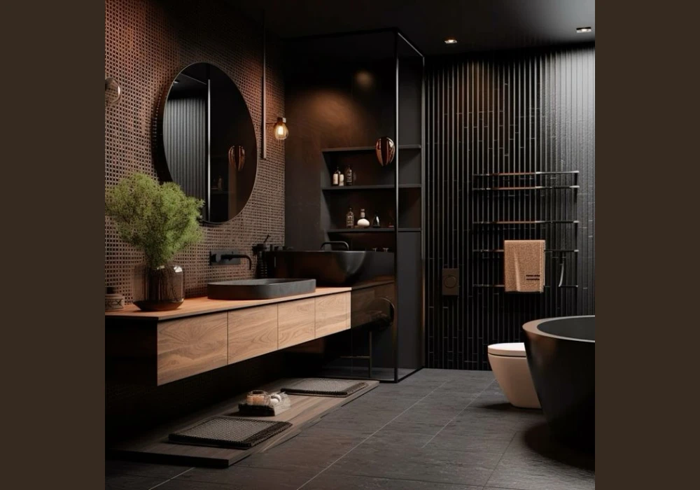 Black Bathroom with Wooden Accents for Natural Warmth