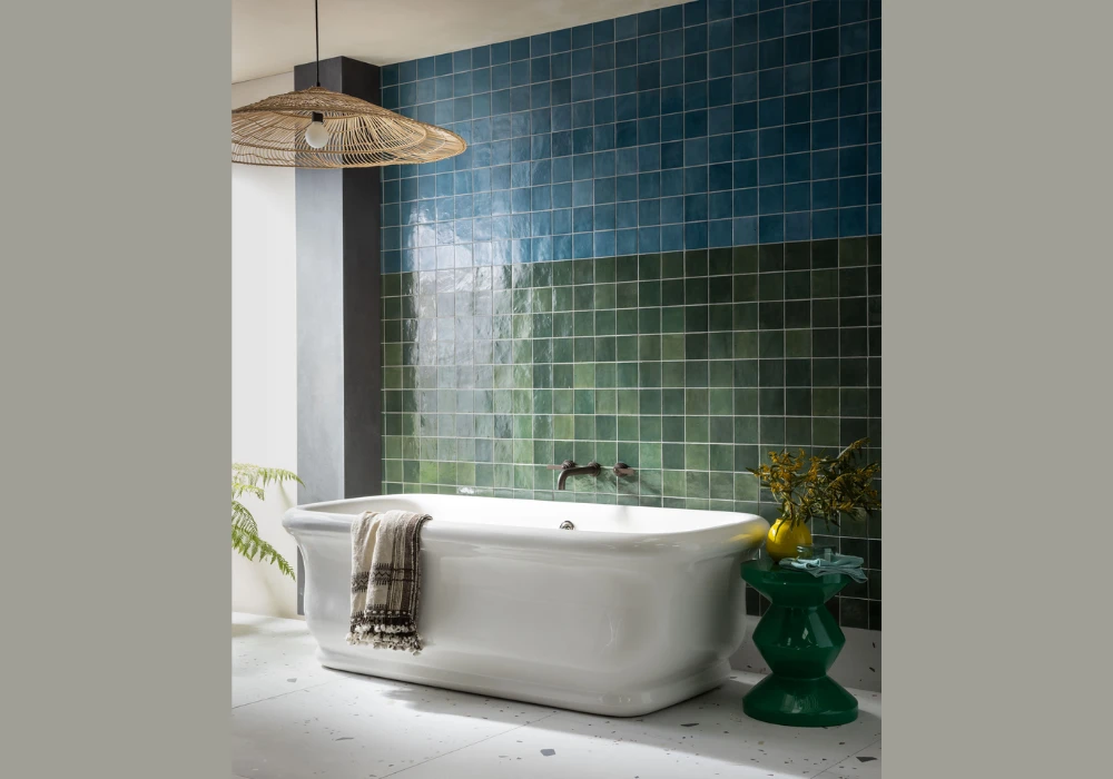 Blue Geometric Tiles with Green Painted Walls