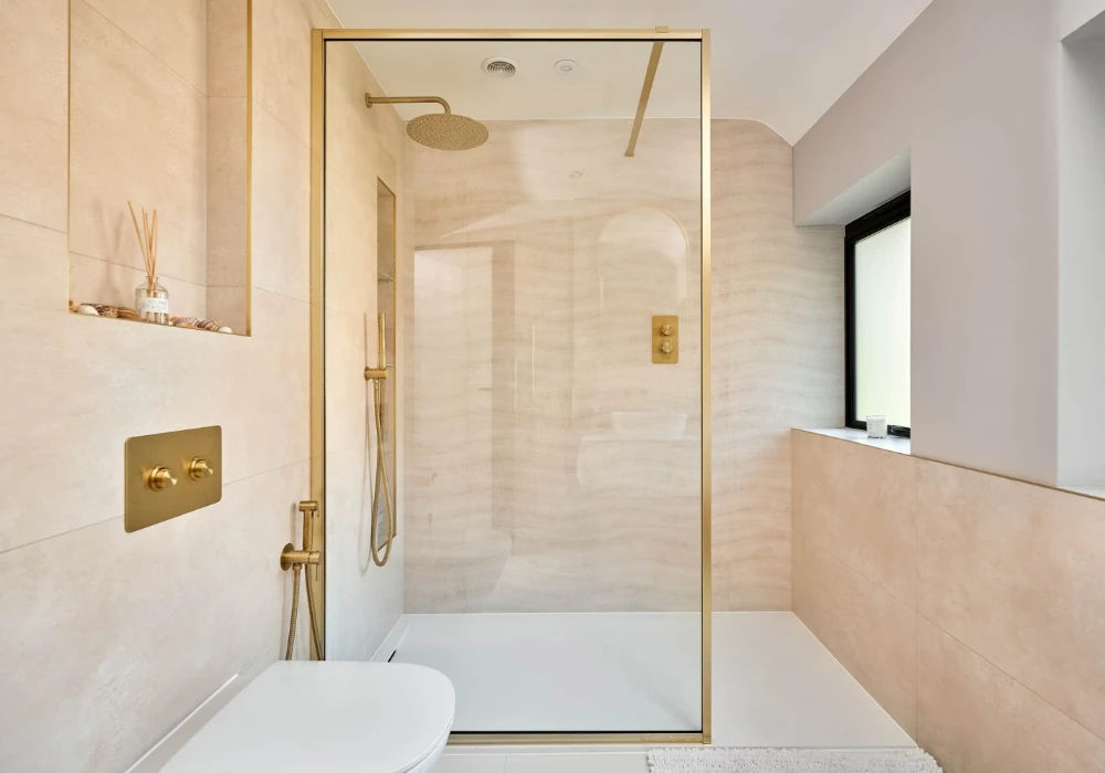 Blush Pink Bathroom with Brass Details