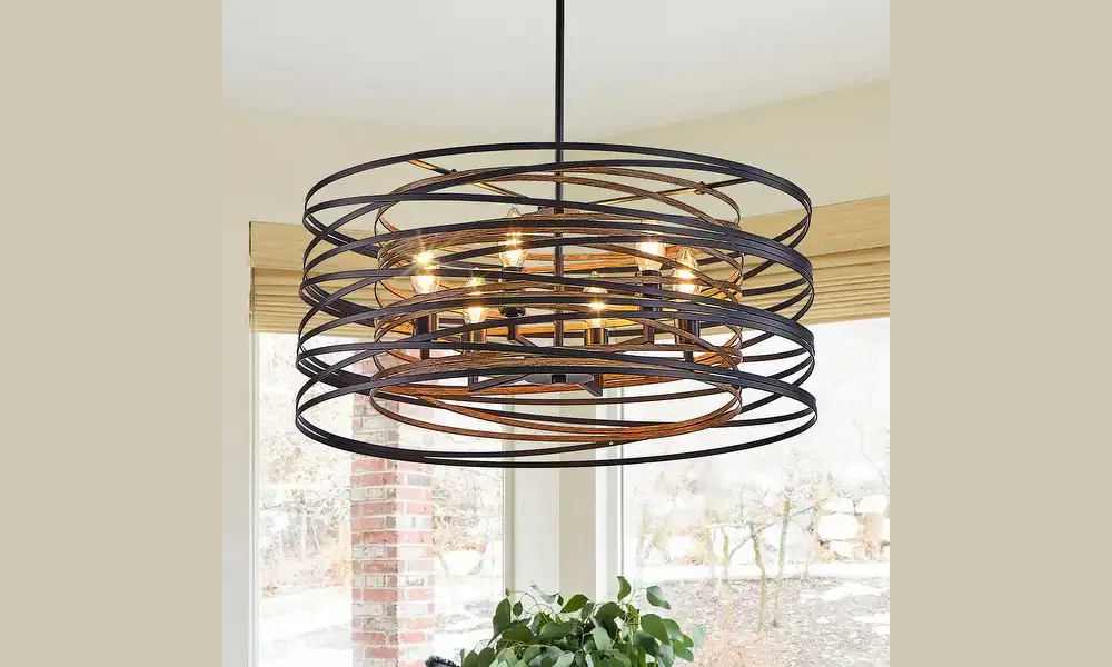 Industrial Chandelier with Wooden Accents