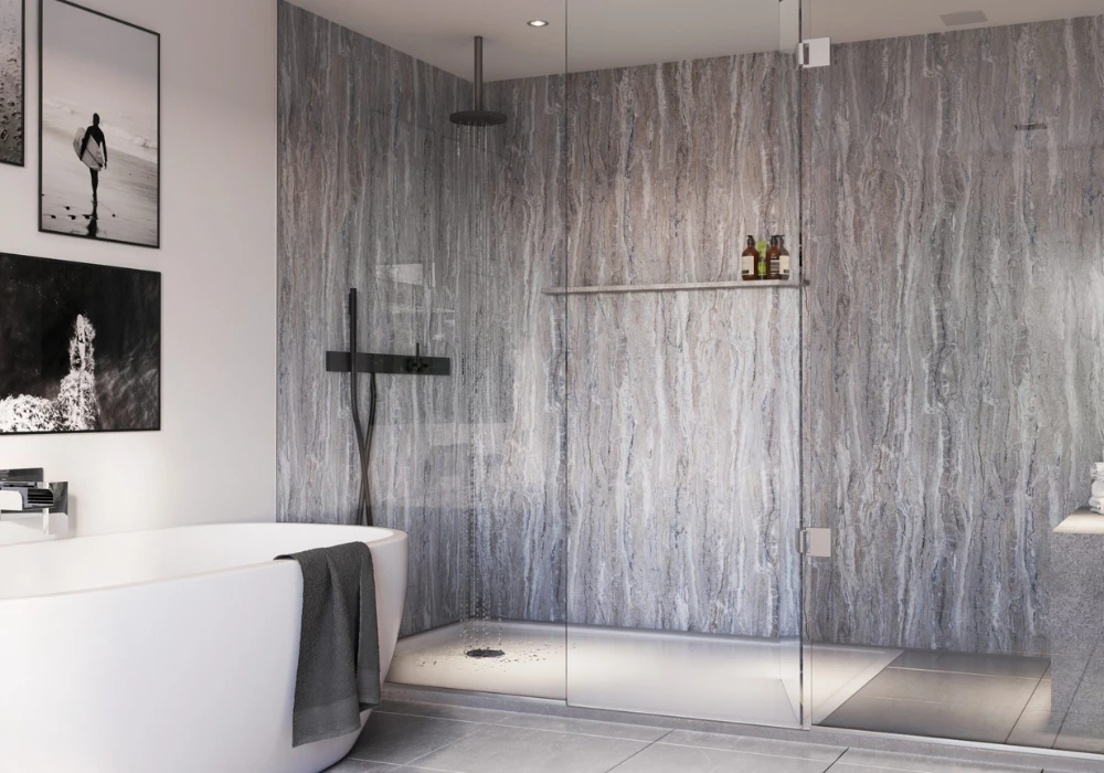 Charcoal Shower Wall with Neutral Surroundings