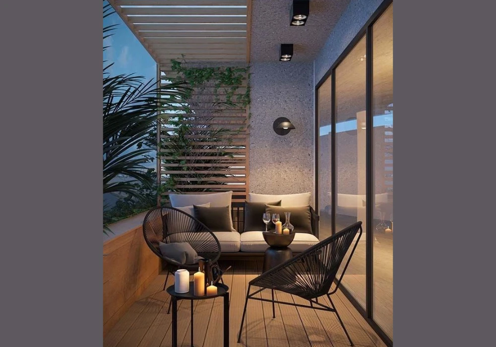 Compact Balcony Lounge with Small Sofa Setup