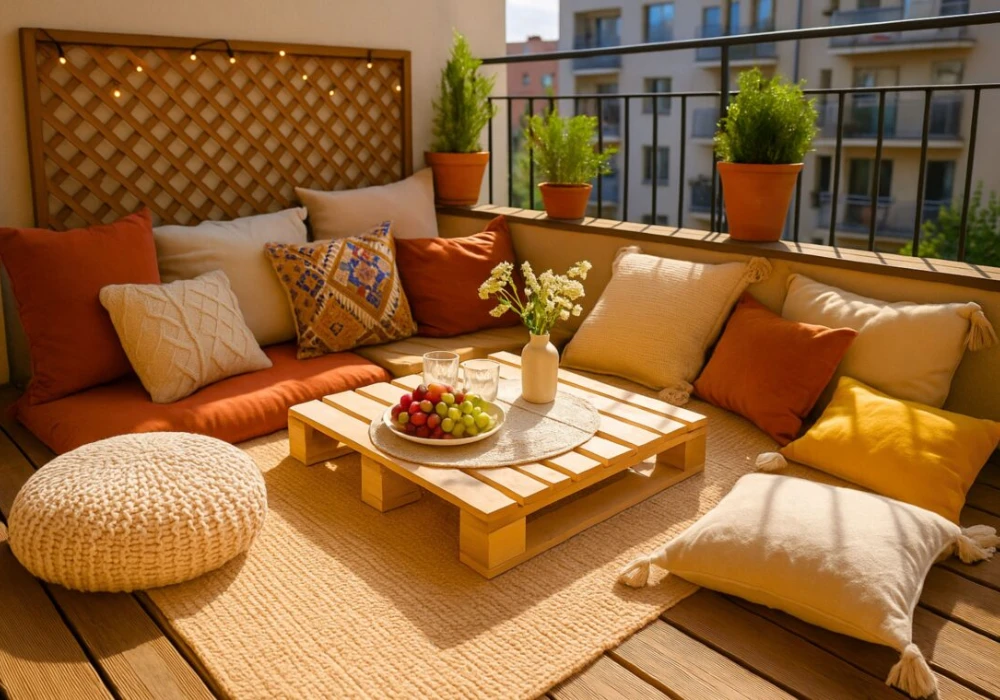 Cozy Balcony Seating with Floor Cushions and Low Table