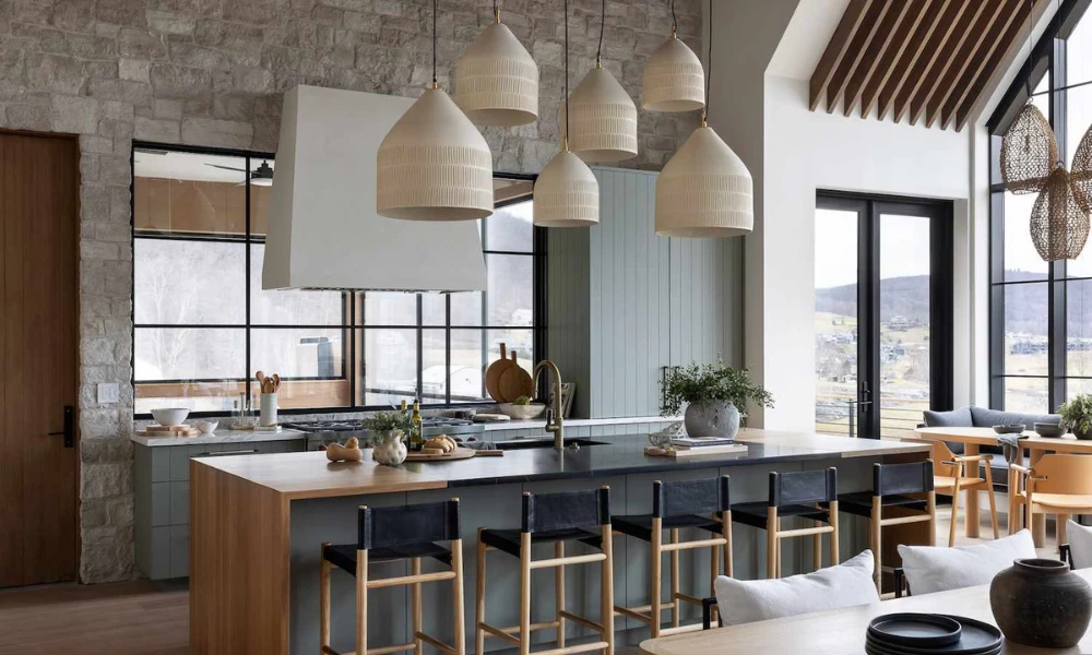 Define an Open-Plan Kitchen Dining Area with Lighting and Rugs