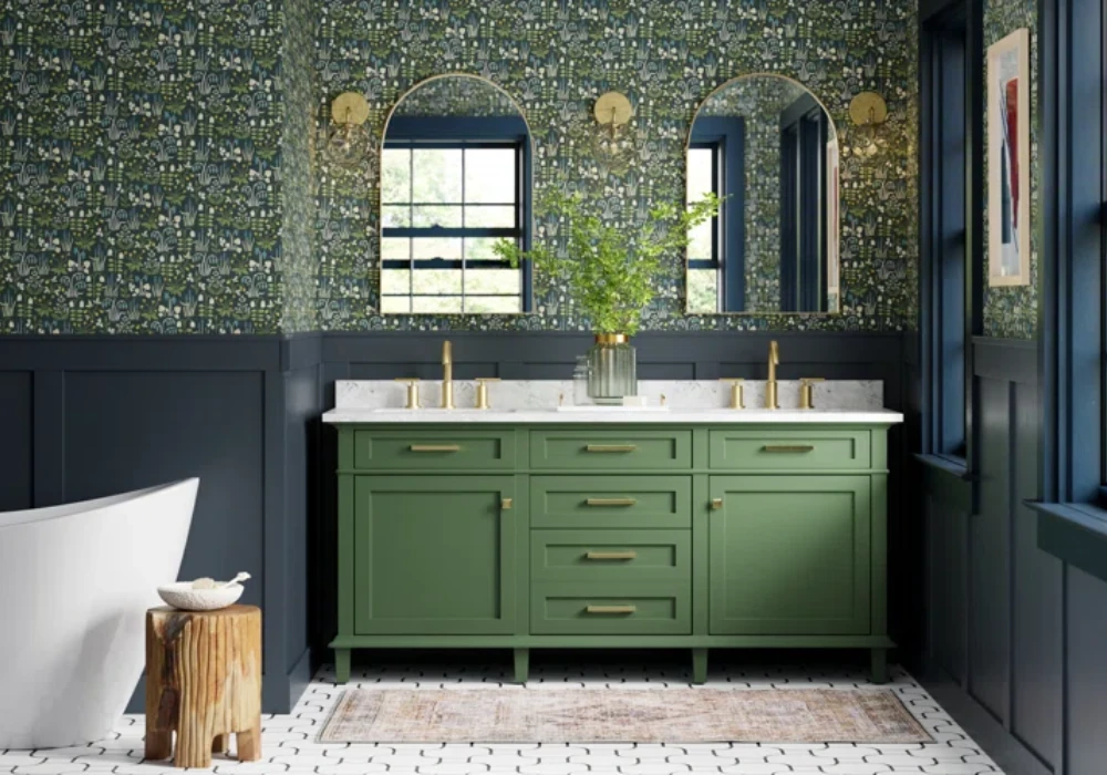 Emerald Green Vanity with Blue Wall Paint
