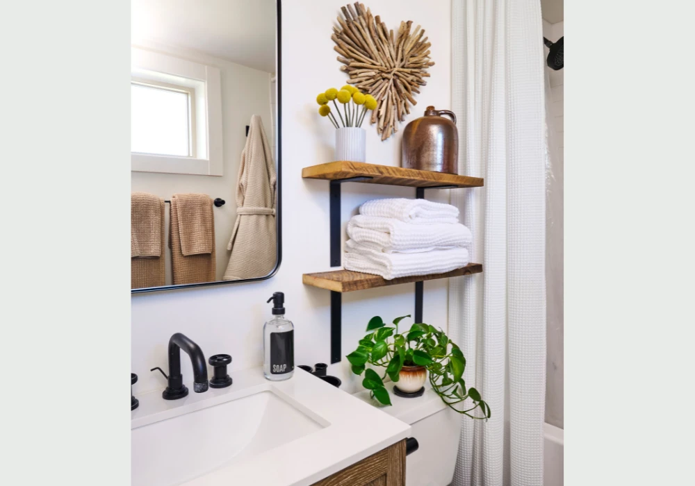 Floating Wooden Bathroom Shelves for a Warm Look