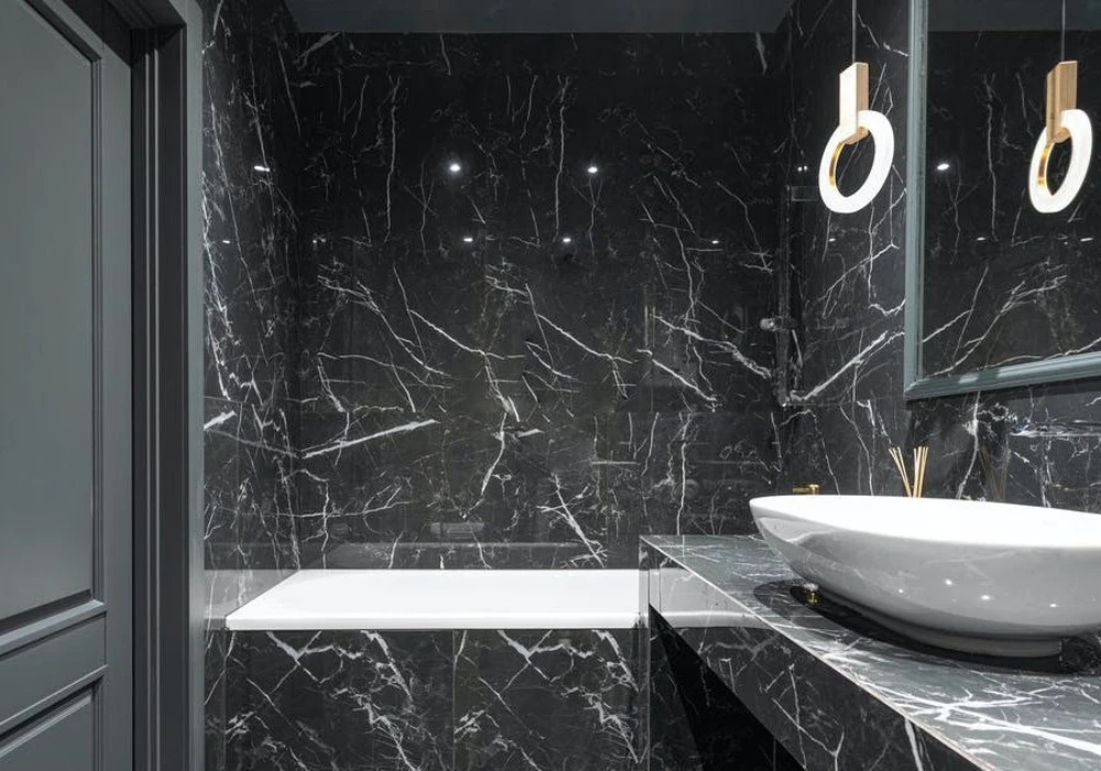 Full Charcoal Bathroom with Layered Lighting