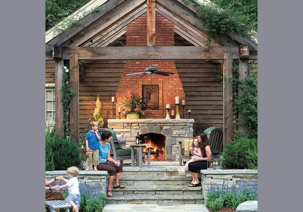 Garage Patio with Outdoor Fireplace