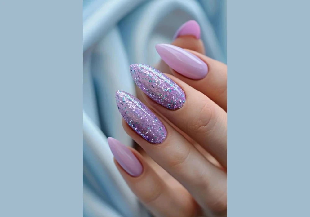 Glitter Summer Almond Nail Ideas for Light Sparkle Finish