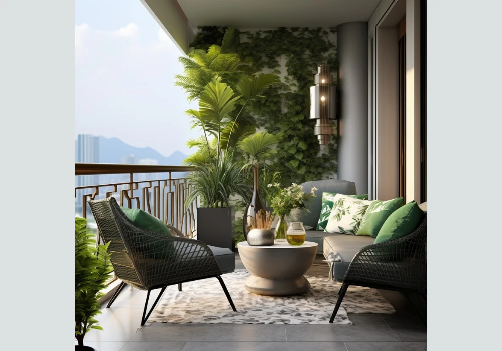 Green-Themed Balcony Rug Ideas with Plant Integration