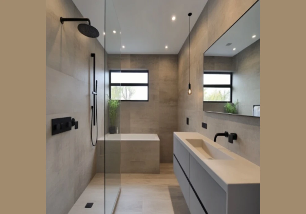 Greige Bathroom with Matte Black Fixtures