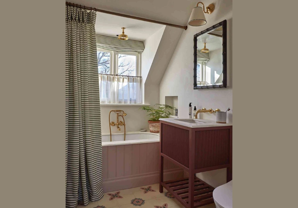 Hang a Styled Shower Curtain to Add Height and Color