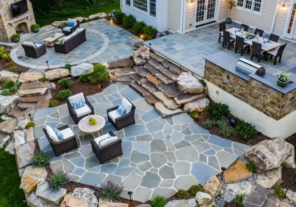 Luxury Garage Patio with Stone Pathway