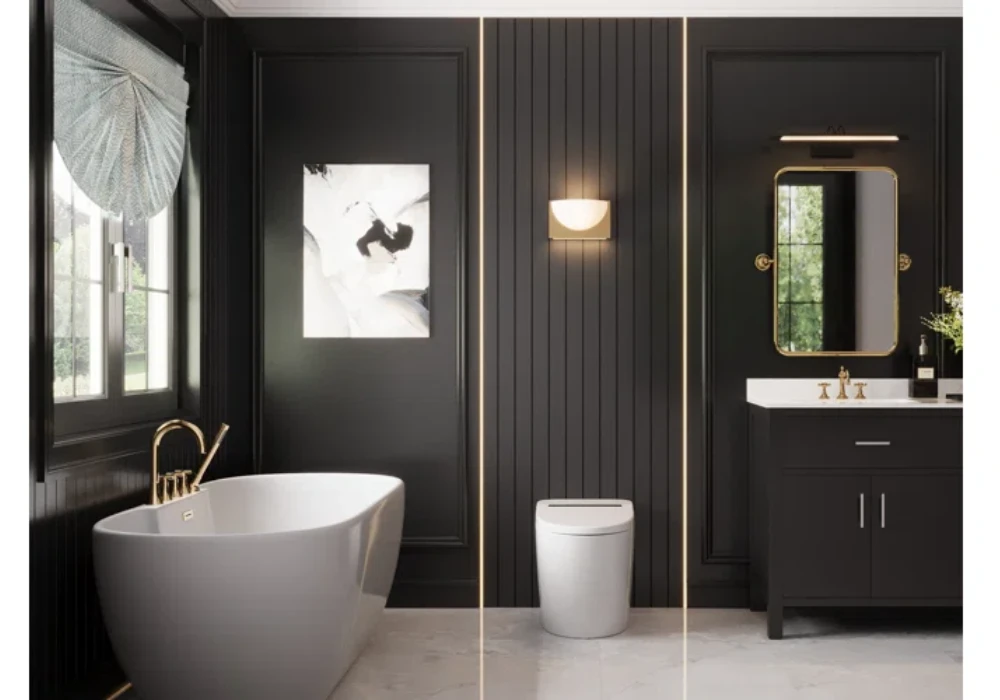 Matte Black Bathroom Walls with Soft Lighting Balance