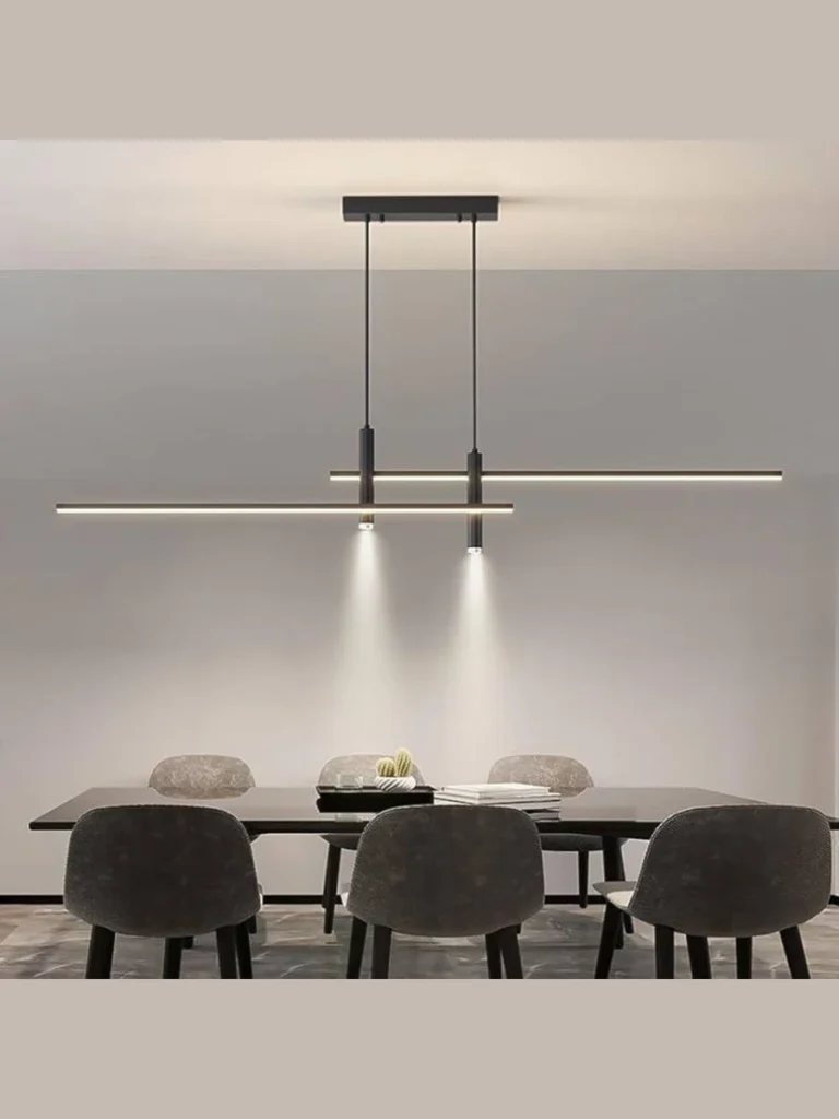 Minimalist Linear Chandeliers Over Dining Tables