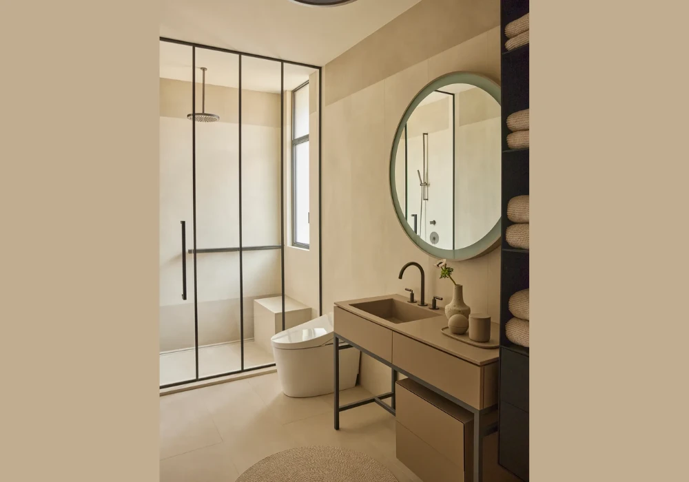 Neutral Tone Wallpaper for Minimal Bathroom Design