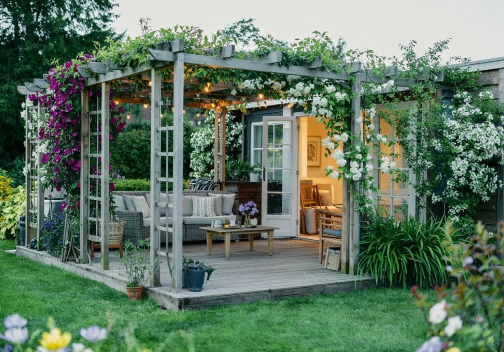Pergola Style Trellis Over Door Ideas for Extended Entry Space