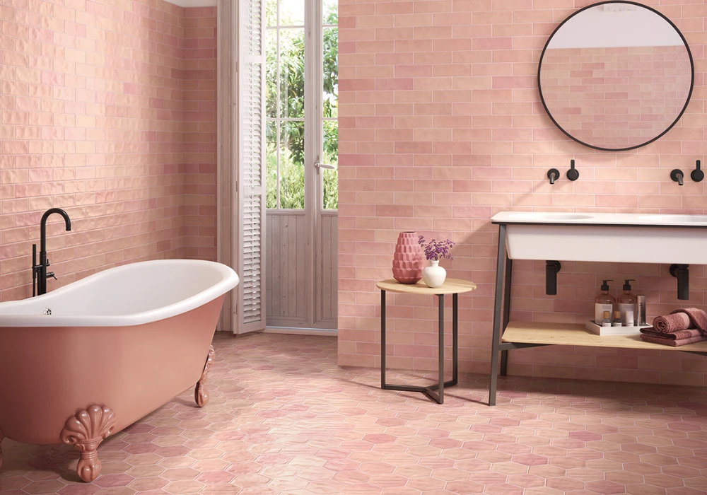 Pink Bathroom Ideas with Patterned Tiles for Visual Interest