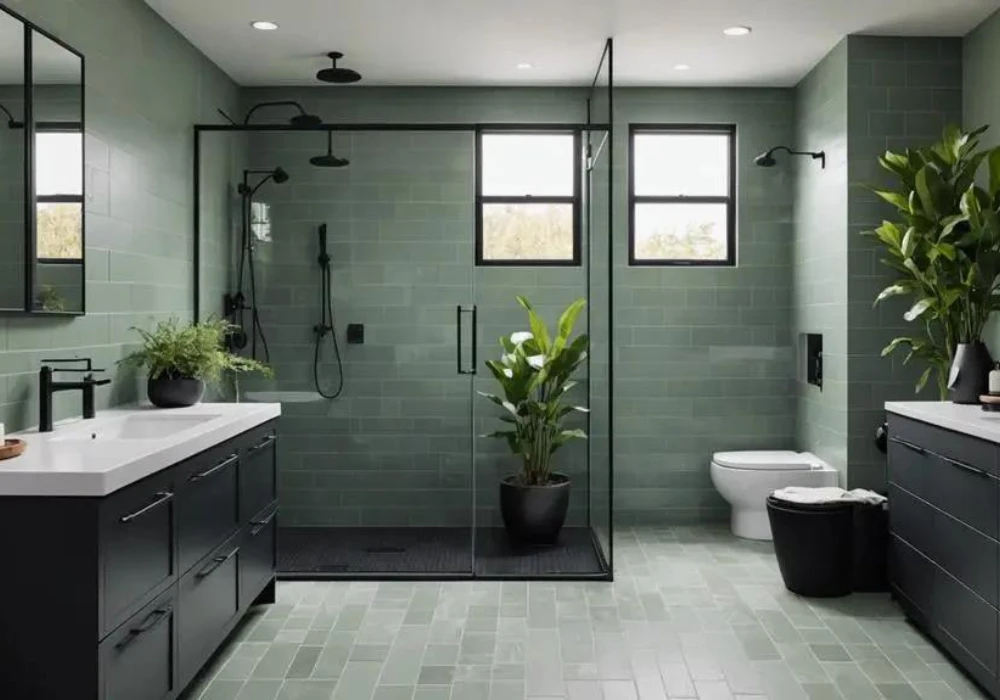 Sage Green Bathroom with Black Fixtures