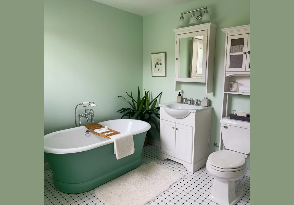 Seafoam Green Walls with Navy Blue Towels and Decor