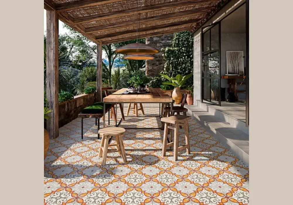 Tiled Garage Patio with Mediterranean Vibes