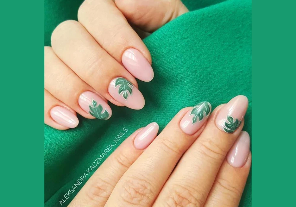 Tropical Summer Short Nail Ideas with Leaf Designs