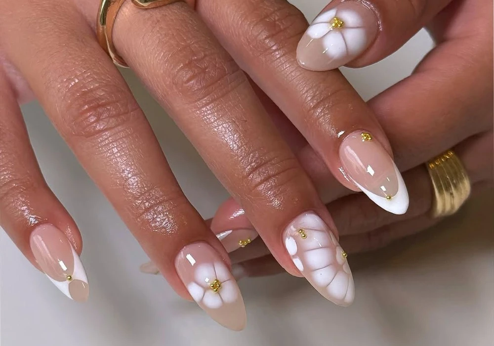 White Base Floral Accent Nails
