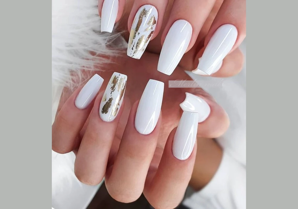 White Coffin Nails with Gold Foil Details