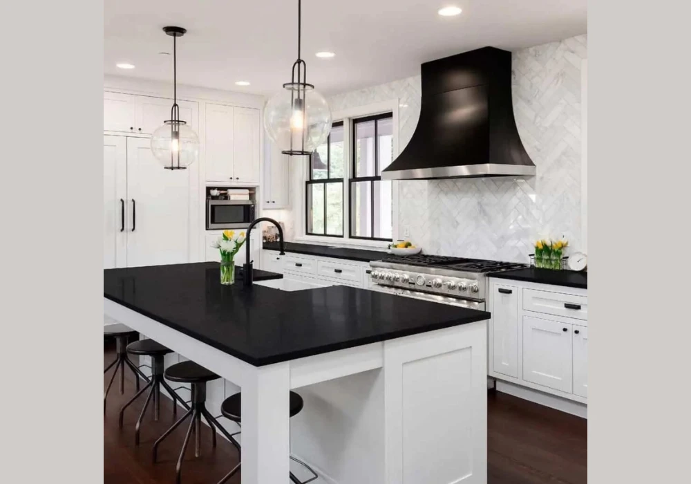White Kitchen with Dark Countertops for Depth
