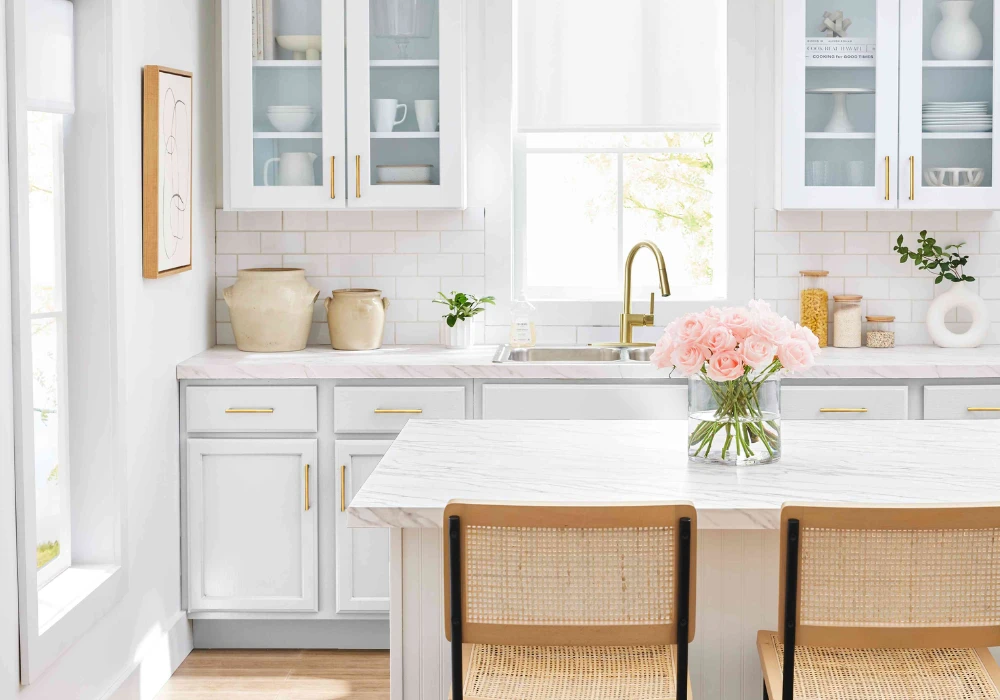 White Kitchen with Glass Cabinets for a Light Look