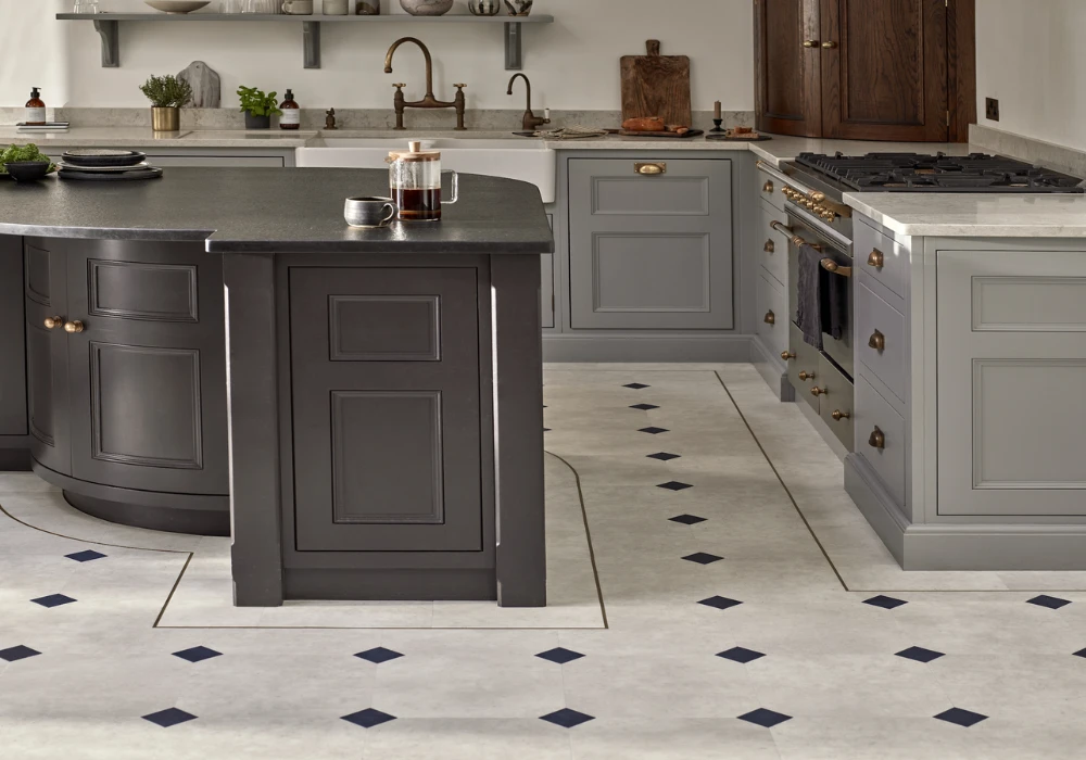 White Kitchen with Patterned Flooring for Contrast