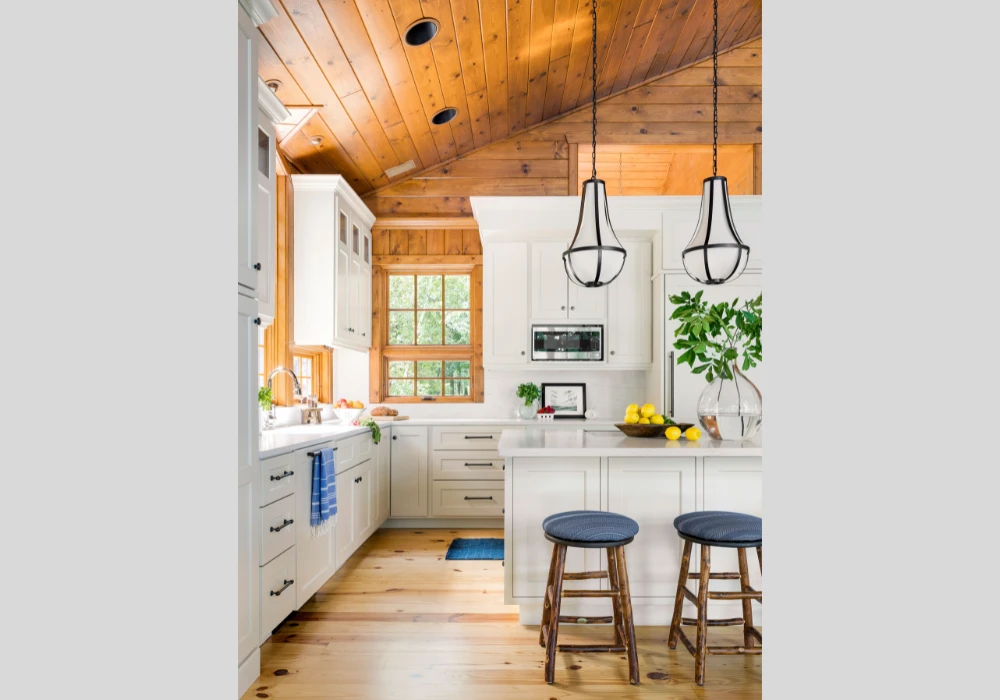 White Kitchen with Wooden Ceiling Accents