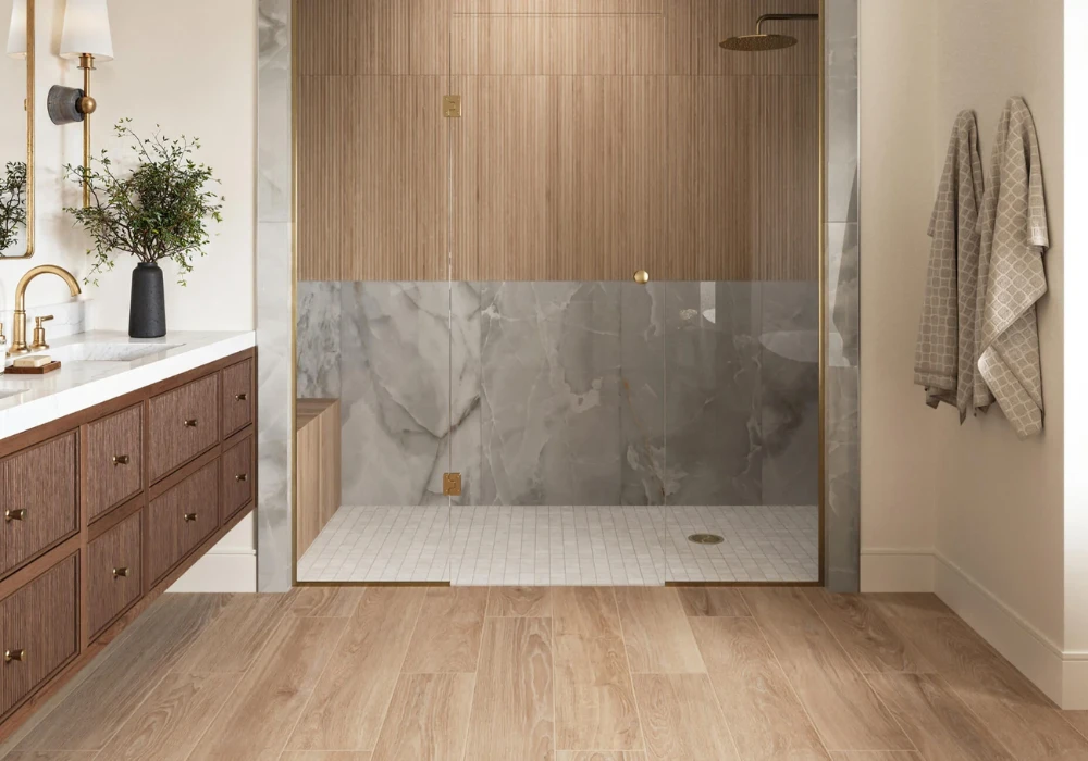 Wood Look Tile Design for Warm Bathroom Feel